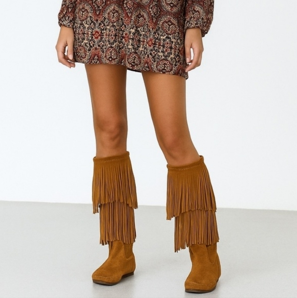 Minnetonka Double Fringe Suede Moccasin Indie Boho Boots Brown Size 5
